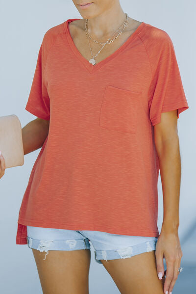 Heathered Slit V-Neck Short Sleeve T-Shirt