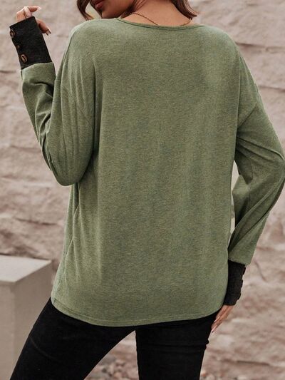 Decorative Button V-Neck Dropped Shoulder T-Shirt