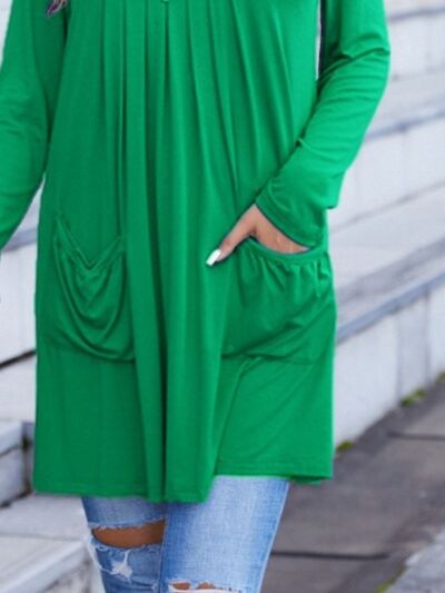 Ruched Pocketed Decorative Button Round Neck T-Shirt