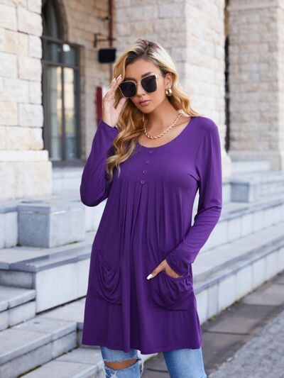 Ruched Pocketed Decorative Button Round Neck T-Shirt