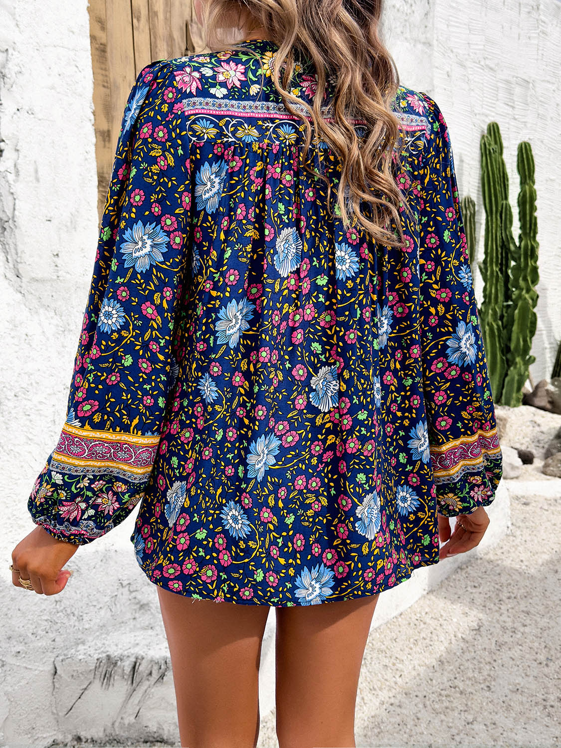 Devine Printed Tie Neck Long Sleeve Blouse