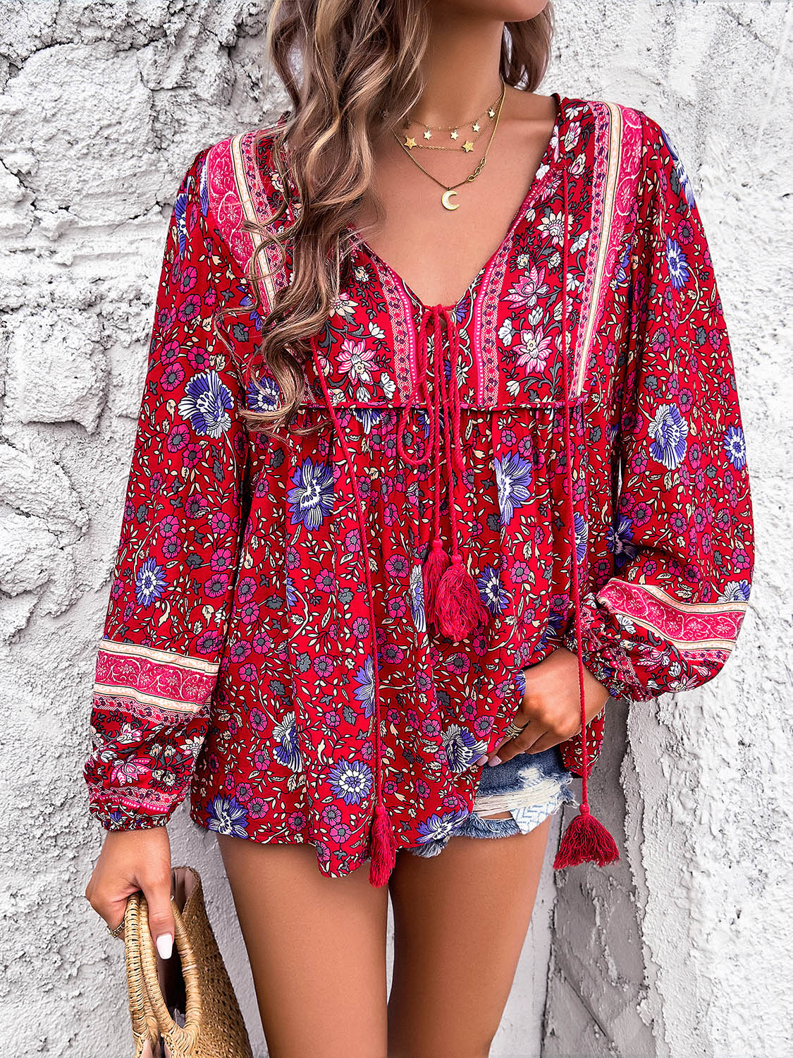 Devine Printed Tie Neck Long Sleeve Blouse