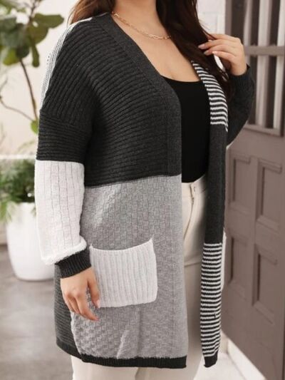 Plus Size Color Block Pocketed Dropped Shoulder Cardigan