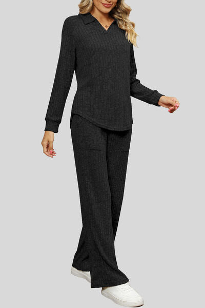 Ribbed Long Sleeve Top and Pocketed Pants Set