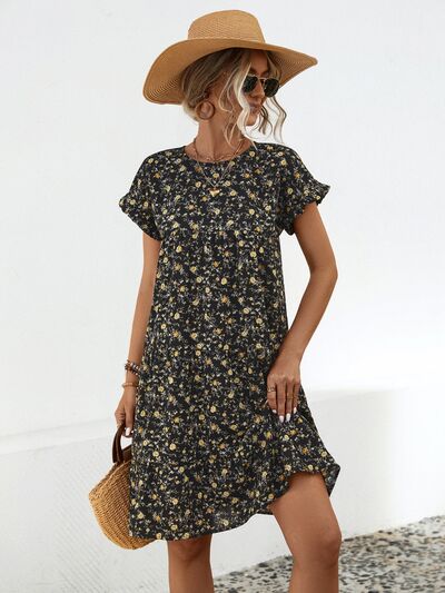 Frill Floral Round Neck Short Sleeve Tiered Dress