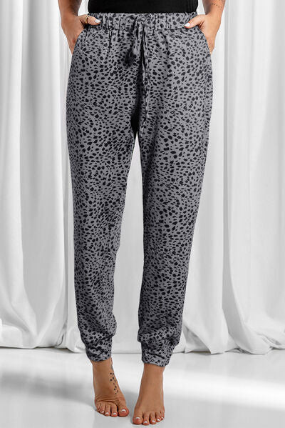 Full Size Leopard Drawstring Pocketed Pants