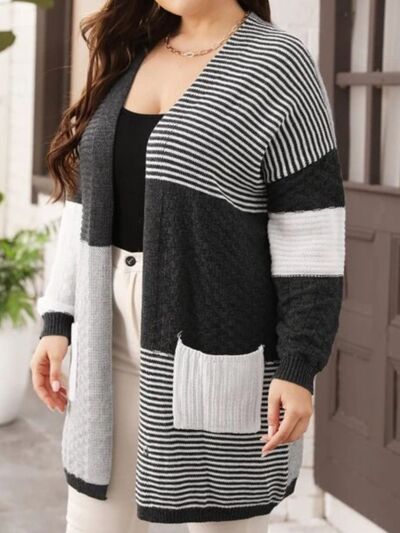 Plus Size Color Block Pocketed Dropped Shoulder Cardigan