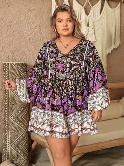 Plus Size Printed Tie Neck Mini Dress